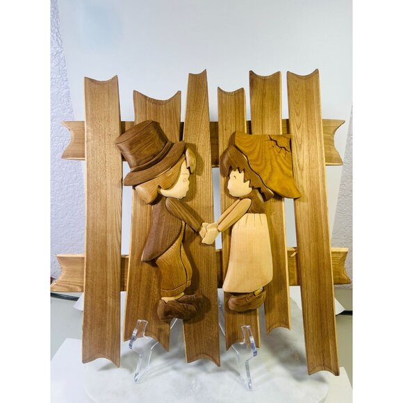 Intarsia Hand crafted 3D Wooden Wall Art Of Boy & Girl  Holding Hands Kids Decor - Picture 1 of 5